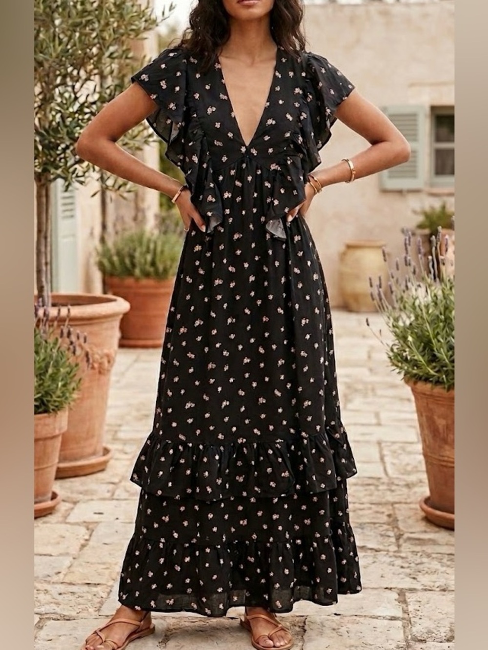 Black Floral Boho Flowy V-Neck Maxi Dress